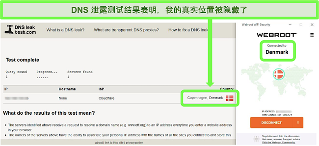 在丹麦将Webroot WiFi Security连接到服务器时成功进行DNS泄漏测试的屏幕截图