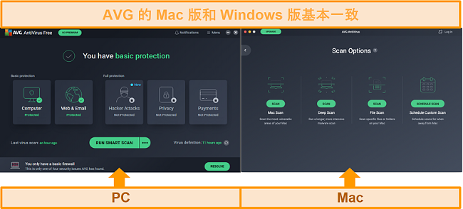 屏幕快照比较AVG防病毒PC和Mac应用程序仪表板