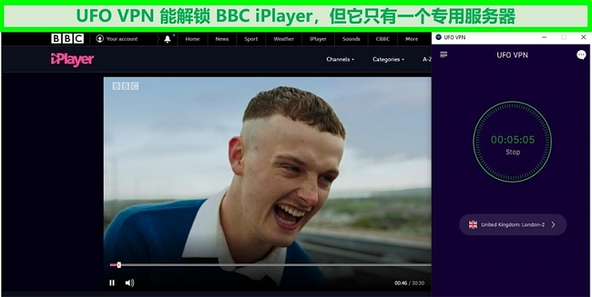  UFO VPN连接到伦敦的BBC iPlayer流媒体服务器时，BBC iPlayer流媒体The Young Offenders