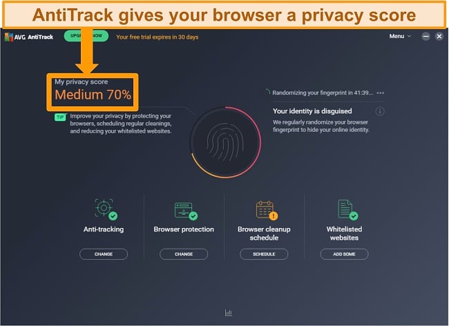 Screenshot of AVG AntiTrack privacy score for web browser