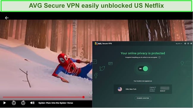 Screenshot of AVG SecureVPN unblocking US Netflix