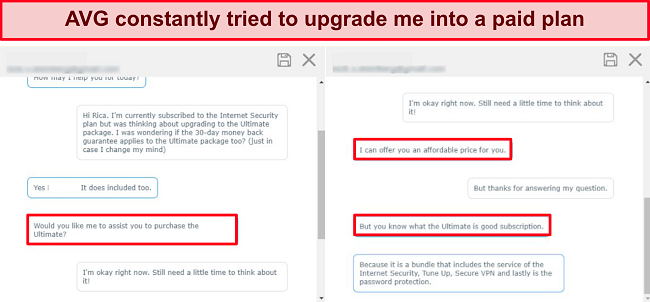 AVG’s live chat support keeps trying to make you upgrade your plan