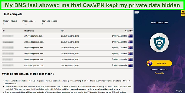 Screenshot of CasVPN passing a DNS leak test with servers in Australia