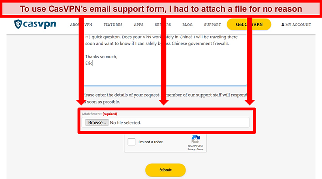 Screenshot of CasVPN's email support form requiring a file upload