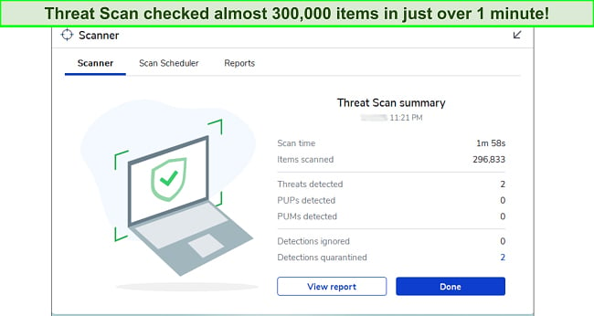 Malwarebytes review highlighting the Threat Scan feature interface.