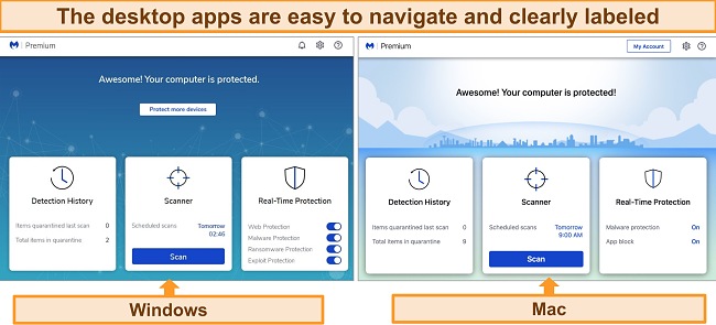 The Malwarebytes app features all essential dashboard functions for convenient access