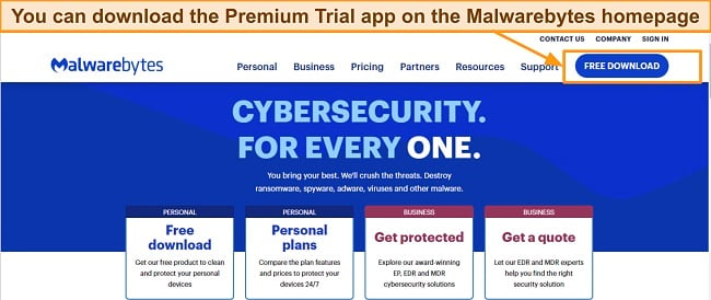 Malwarebytes’s website download screenshot