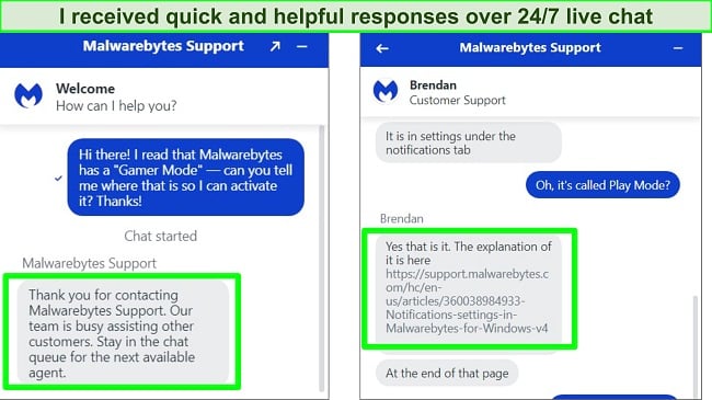 Malwarebytes' live chat support showing helpful responses