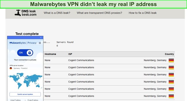 Screenshot of Malwarebytes Privacy VPN passing DNS leak tests