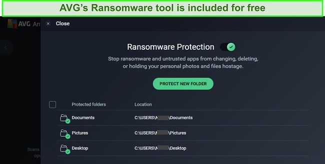 Screenshot of AVG Ransomware protection tab