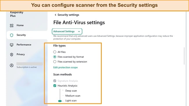 Screenshot of how to tweak Kaspersky's virus scanner settings