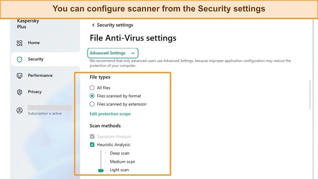 Screenshot of Advanced scanning settings