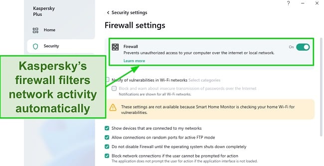 Kaspersky’s firewall includes various features and customization options