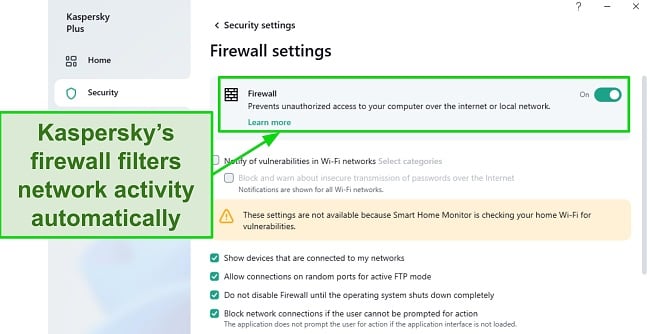 Screenshot of Kaspersky's Firewall Settings dashboard page