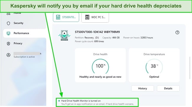 Screenshot of Kaspersky's Hard Drive Health Monitor indicating a hard drive's overall health