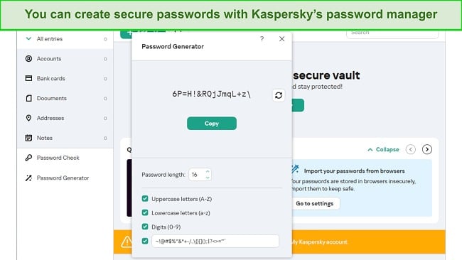 Screenshot of Kaspersky's password generator creating a strong password