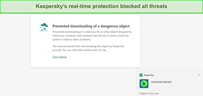 Screenshot of Kaspersky's real-time protection blocking a malicious download