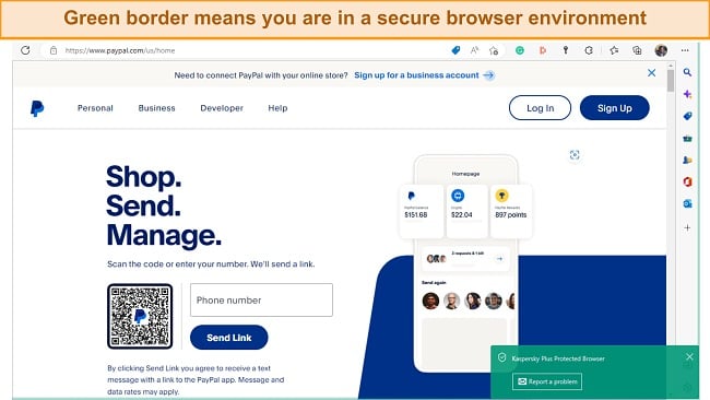 Screenshot of Kaspersky Protected browser on Microsoft Edge