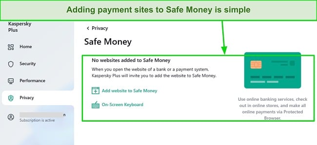 Screenshot of Kaspersky's Safe Money interface