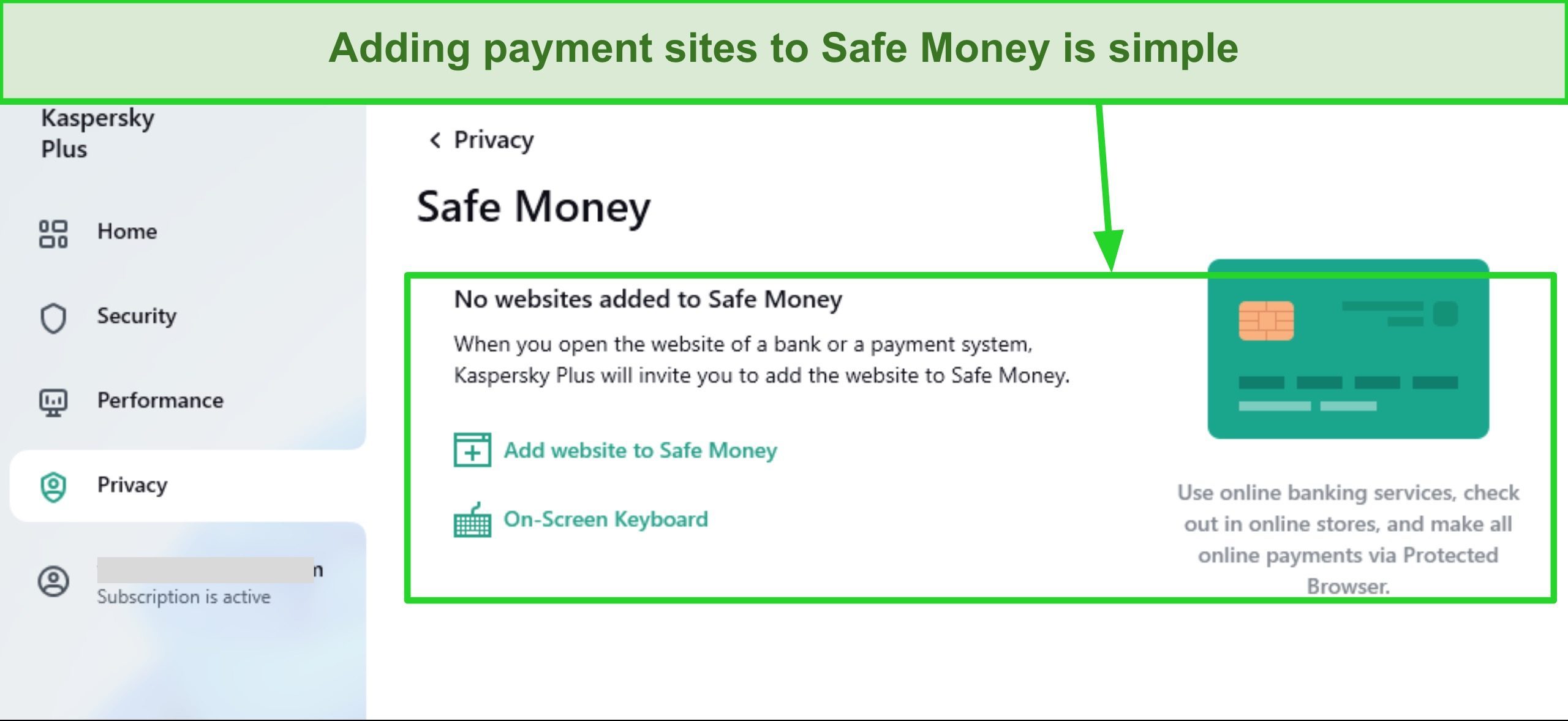 Screenshot of Kaspersky Safe Money interface