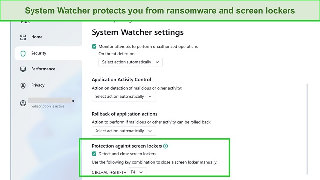 Screenshot of Kaspersky's System Watcher settings menu