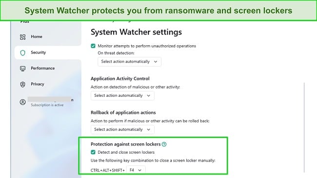 Screenshot of Kaspersky's System Watcher settings menu