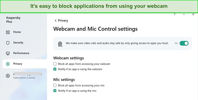 Screenshot of Kaspersky's webcam and microphone protection settings dashboard