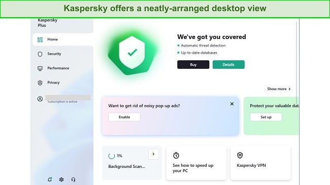 Screenshot of Kaspersky's Windows app main dashboard