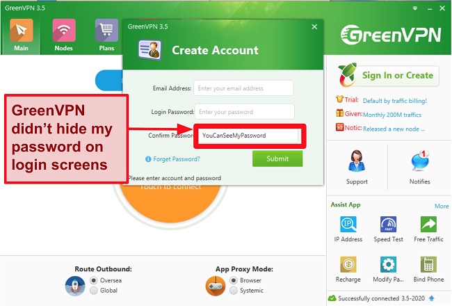 Screenshot of GreenVPN interface showing account creation and login screen.