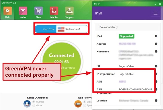 Screenshot of GreenVPN interface showing server connections and IP settings.