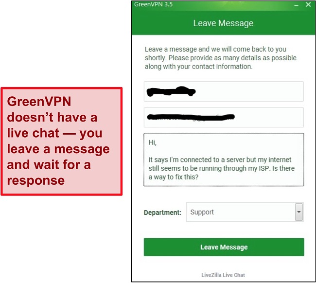 Screenshot of GreenVPN support screen.