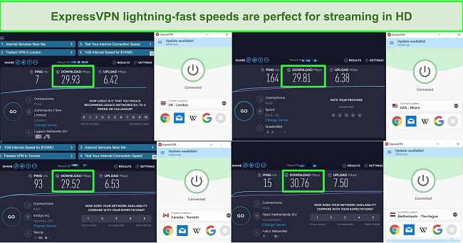 Screenshots of speedtests of 4 different ExpressVPN server locations