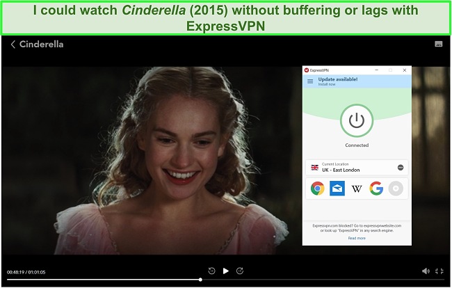 Screenshot of ExpressVPN unblocking Cinderella (2015) on Disney+