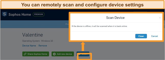Screenshot of Sophos antivirus dashboard with remote scan highlighted
