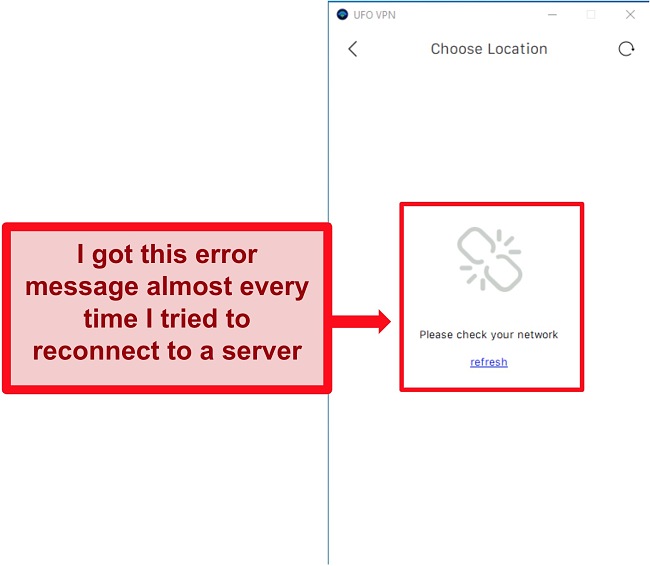 Screenshot of UFO VPN's server list error