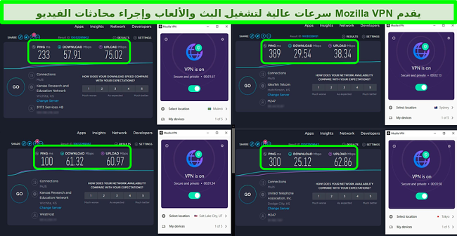 لقطة شاشة لأربعة اختبارات سرعة مع Mozilla VPN متصلة بخوادم حول العالم