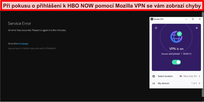 Screenshot chyby na HBO HNED TEĎ při připojení k serveru Mozilla VPN v New Yorku, NY