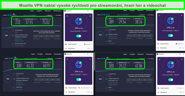 Screenshot ze 4 testů rychlosti s Mozilla VPN připojenou k serverům po celém světě