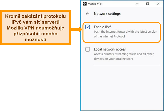 Screenshot obrazovky nastavení sítě Mozilla VPN
