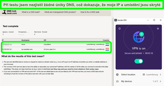 Screenshot testu úniku DNS, když je Mozilla VPN připojena k lucemburskému serveru