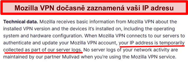 Screenshot dočasných zásad ochrany osobních údajů Mozilla VPN zobrazujících vaši IP adresu