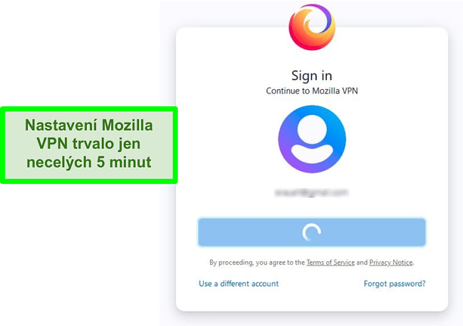 Screenshot z přihlašovací obrazovky Mozilla VPN