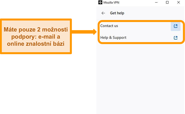 Screenshot z části Mozilla VPN v části Nastavení v nabídce Nápověda