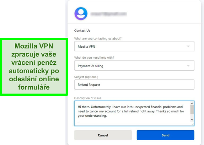 Screenshot kontaktního formuláře Mozilla VPN požadujícího zrušení a vrácení peněz