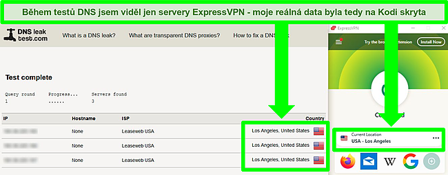 Snímek obrazovky ExpressVPN, který prošel testem úniku DNS při připojení k serveru v Los Angeles.