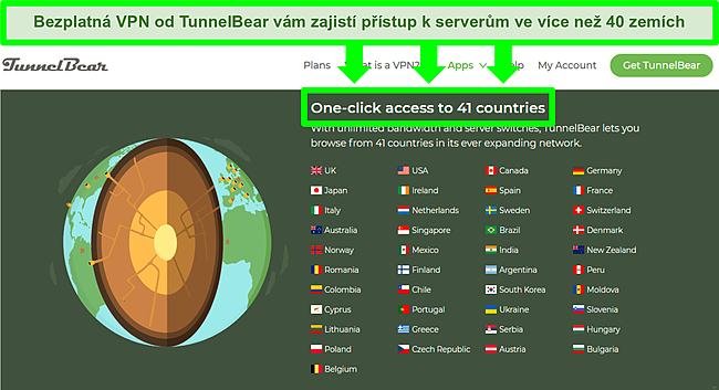 Snímek obrazovky se seznamem serverů z webu TunnelBear.
