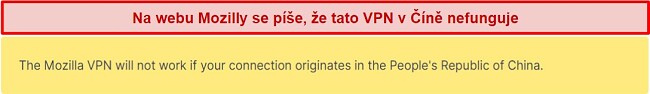 Snimka zaslona izjave s web stranice Mozilla VPN u kojoj se kaže da ne radi u Kini