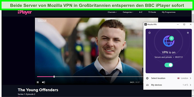 Screenshot des BBC iPlayer, der The Young Offenders spielt, während Mozilla VPN mit einem Server in London, Großbritannien, verbunden ist