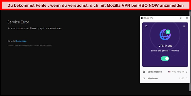 Screenshot eines Fehlers auf HBO NOW, während eine Verbindung zum Mozilla VPN-Server in New York, NY, besteht