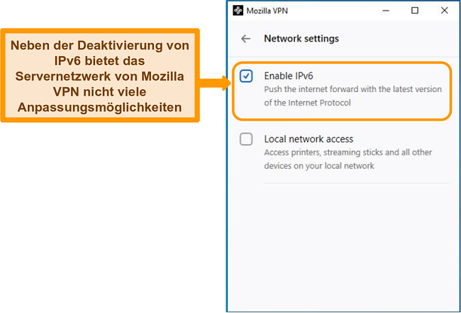 Screenshot des Netzwerkeinstellungsbildschirms von Mozilla VPN